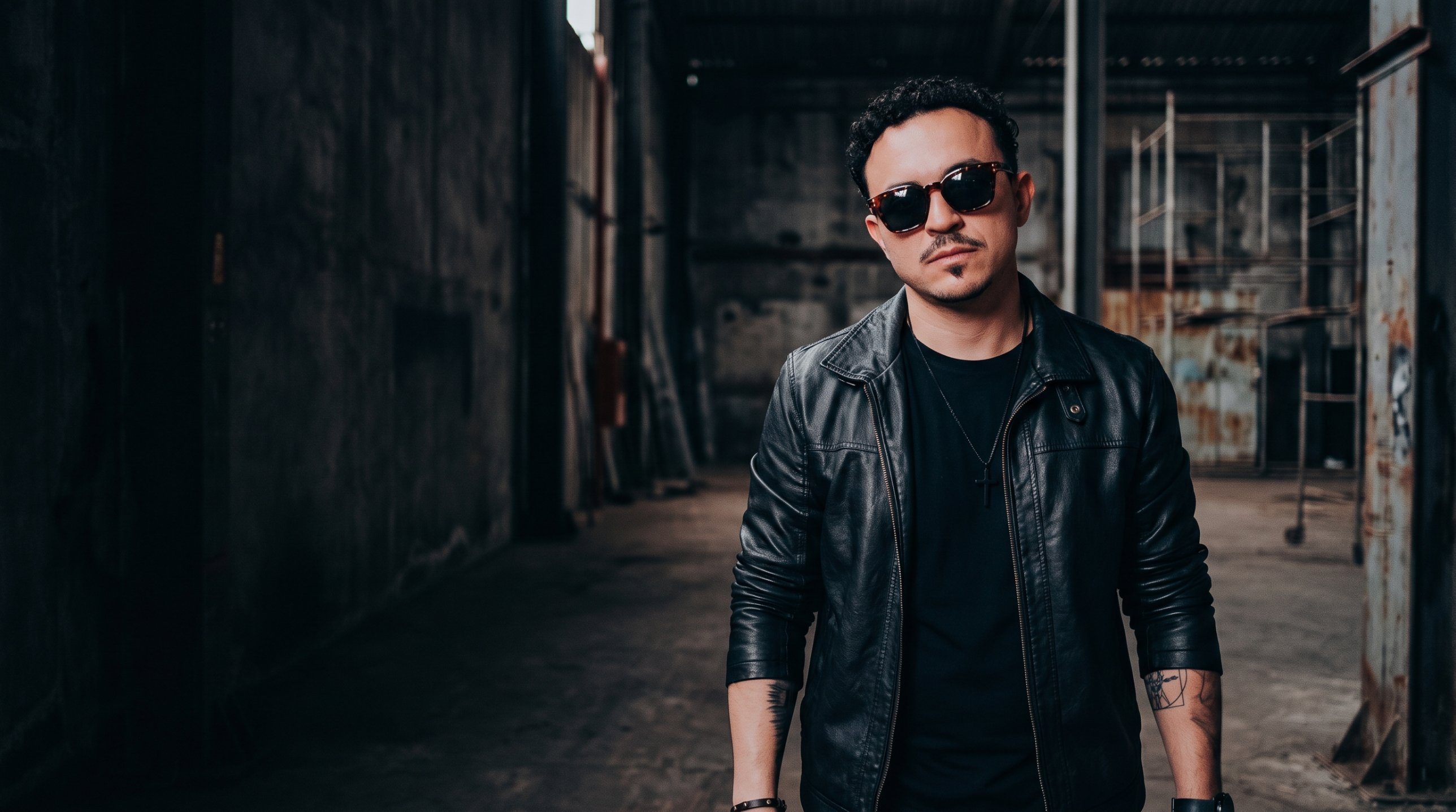 Basqueroto in a dark warehouse, black leather jacket and sunglasses